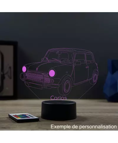 Lampe illusion 3D en verre acrylique gravée au laser représentant une voiture Austin Mini.