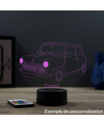 Lampe illusion 3D en verre acrylique gravée au laser représentant une voiture Austin Mini.