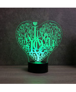 Lampe illusion 3D en verre acrylique gravée au laser représentant un Cœur  I Love You.