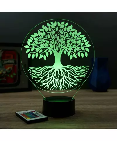 Lampe illusion 3D en verre acrylique gravée au laser représentant un arbre de vie.
