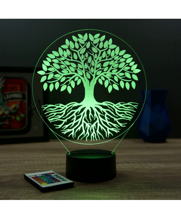 Lampe illusion 3D en verre acrylique gravée au laser représentant un arbre de vie.