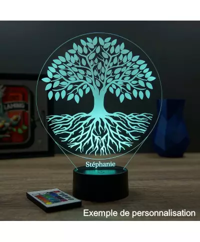 Lampe illusion 3D en verre acrylique gravée au laser représentant un arbre de vie.
