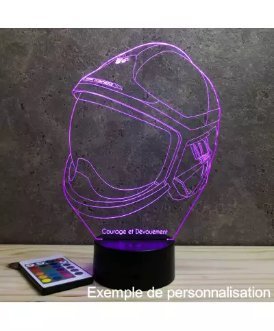 Lampe illusion 3D en verre acrylique gravée au laser représentant un Casque pompier F1-XF.