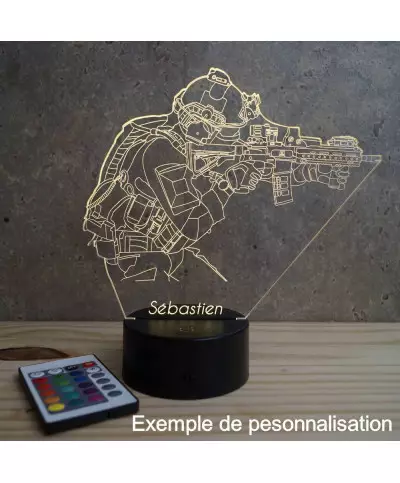 Lampe illusion 3D en verre acrylique gravée au laser représentant un Commando Français.