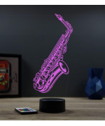 Lampe illusion 3D en verre acrylique gravée au laser représentant un saxophone.