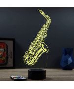 Lampe illusion 3D en verre acrylique gravée au laser représentant un saxophone.