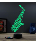 Lampe illusion 3D en verre acrylique gravée au laser représentant un saxophone.