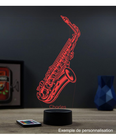 Lampe illusion 3D en verre acrylique gravée au laser représentant un saxophone.