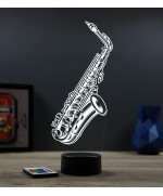 Lampe illusion 3D en verre acrylique gravée au laser représentant un saxophone.
