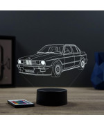 Lampe illusion 3D en verre acrylique gravée au laser représentant une voiture BMW E30 1985.