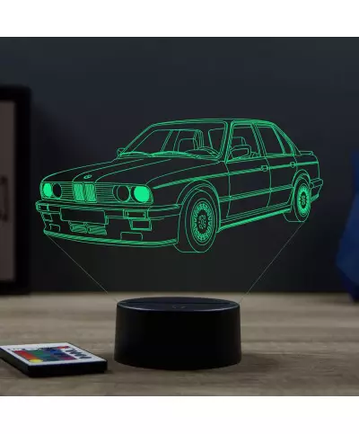 Lampe illusion 3D en verre acrylique gravée au laser représentant une voiture BMW E30 1985.