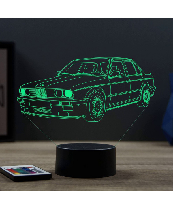 Lampe illusion 3D en verre acrylique gravée au laser représentant une voiture BMW E30 1985.