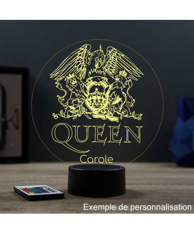 Lampe illusion 3D en verre acrylique gravée au laser représentant le logo du groupe Queen.