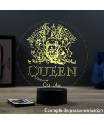 Lampe illusion 3D en verre acrylique gravée au laser représentant le logo du groupe Queen.