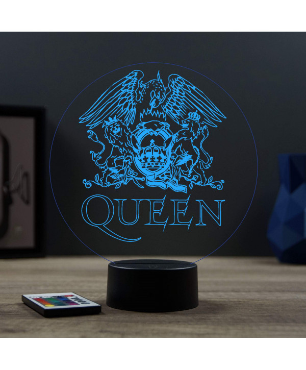 Lampe illusion 3D en verre acrylique gravée au laser représentant le logo du groupe Queen.