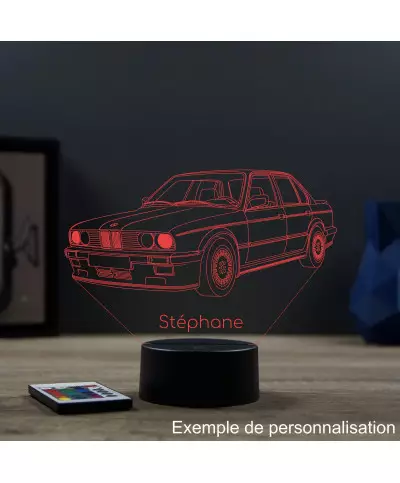 Lampe illusion 3D en verre acrylique gravée au laser représentant une voiture BMW E30 1985.