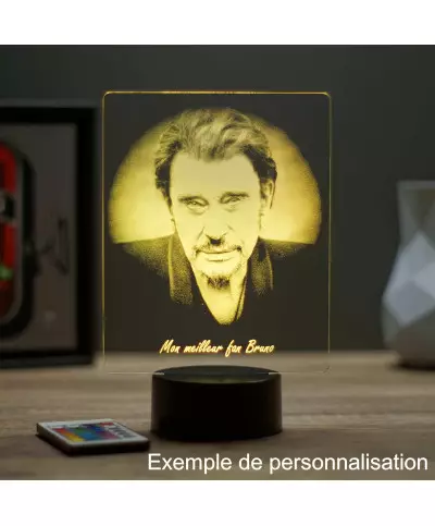 Lampe illusion 3D représentant un portrait de Johnny Hallyday.