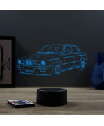 Lampe illusion 3D en verre acrylique gravée au laser représentant une voiture BMW E30 1985.