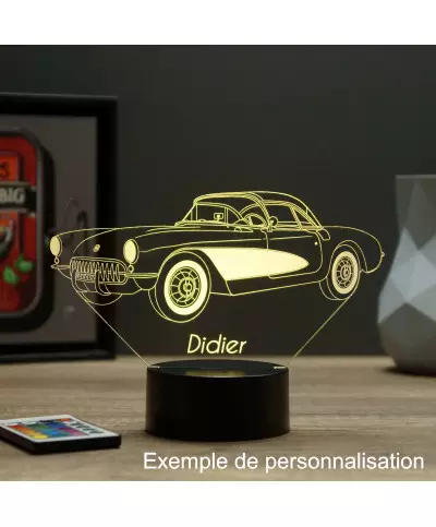 Lampe illusion 3D en verre acrylique gravée au laser représentant une voiture Chevrolet Corvette C1 1957.