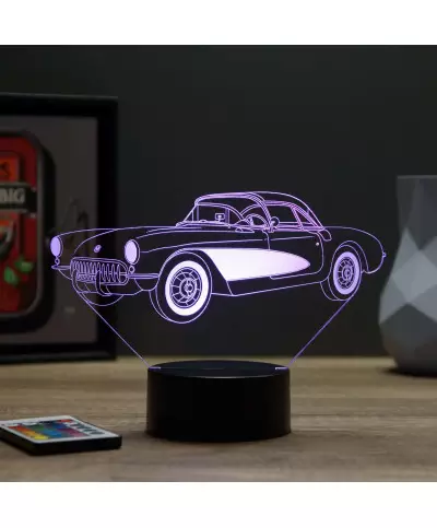 Lampe illusion 3D en verre acrylique gravée au laser représentant une voiture Chevrolet Corvette C1 1957.