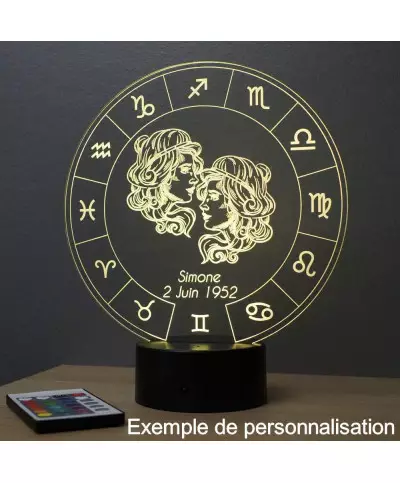 Lampe illusion 3D représentant le signe du zodiaque Gémeaux.