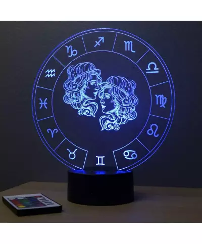 Lampe illusion 3D représentant le signe du zodiaque Gémeaux.