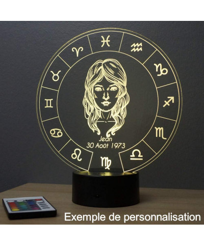 Lampe illusion 3D représentant le signe du zodiaque Vierge.
