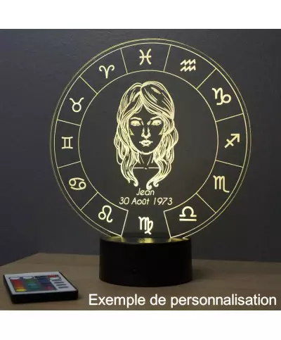 Lampe illusion 3D représentant le signe du zodiaque Vierge.