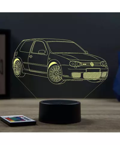 Lampe illusion 3D en verre acrylique gravée au laser représentant une voiture VW Golf 4 R32.