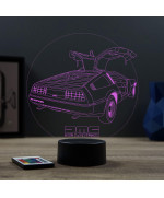 Lampe illusion 3D en verre acrylique gravée au laser représentant une voiture De Lorean DMC12.