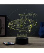 Lampe illusion 3D en verre acrylique gravée au laser représentant une voiture De Lorean DMC12.