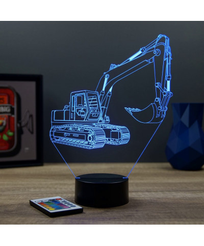 Lampe illusion 3D en verre acrylique gravée au laser représentant une pelleteuse.