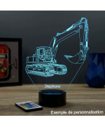 Lampe illusion 3D en verre acrylique gravée au laser représentant une pelleteuse.