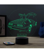 Lampe illusion 3D en verre acrylique gravée au laser représentant une voiture De Lorean DMC12.