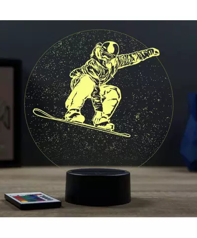 Lampe illusion 3D en verre acrylique gravée au laser représentant un Surfeur sur son snowboard.