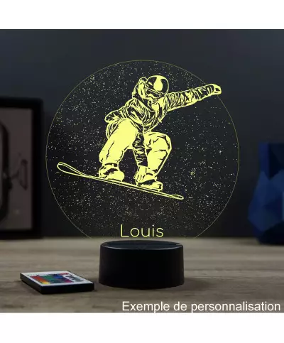 Lampe illusion 3D en verre acrylique gravée au laser représentant un Surfeur sur son snowboard.