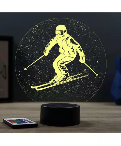 Lampe illusion 3D en verre acrylique gravée au laser représentant un Skieur  en ski faisant du freeride.