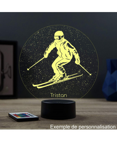 Lampe illusion 3D en verre acrylique gravée au laser représentant un Skieur  en ski faisant du freeride.