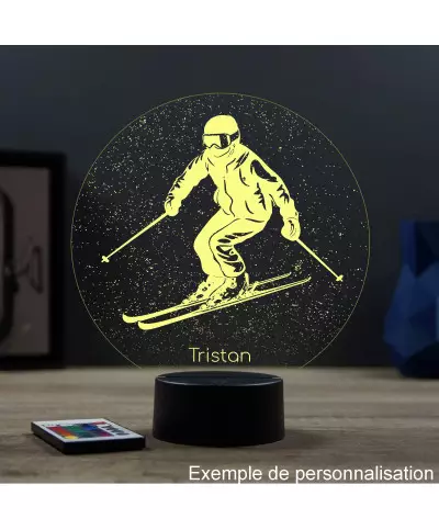 Lampe illusion 3D en verre acrylique gravée au laser représentant un Skieur  en ski faisant du freeride.