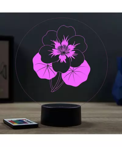 Lampe illusion 3D en verre acrylique gravée au laser représentant une fleur de Capucine.