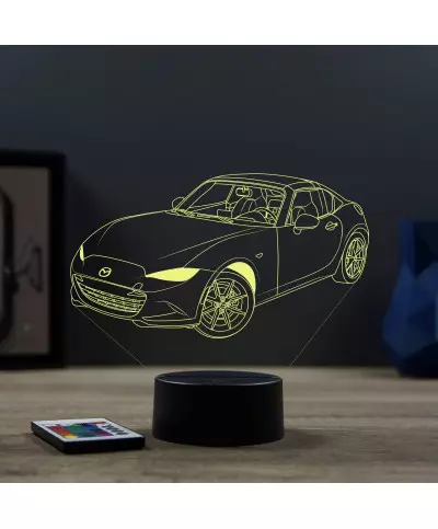 Lampe illusion 3D en verre acrylique gravée au laser représentant une voiture Mazda MX5 RF.