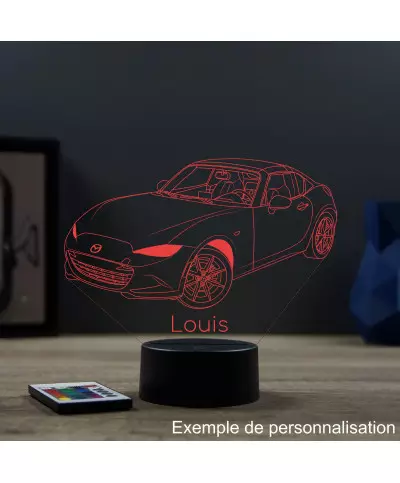 Lampe illusion 3D en verre acrylique gravée au laser représentant une voiture Mazda MX5 RF.