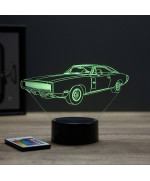 Lampe illusion 3D en verre acrylique gravée au laser représentant une voiture Dodge Charger 1970.