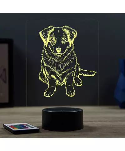 Lampe illusion 3D en verre acrylique gravée au laser représentant un Chien Berger Australien bébé.