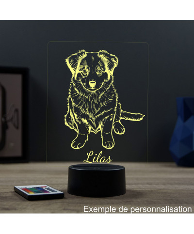 Lampe illusion 3D en verre acrylique gravée au laser représentant un Chien Berger Australien bébé.