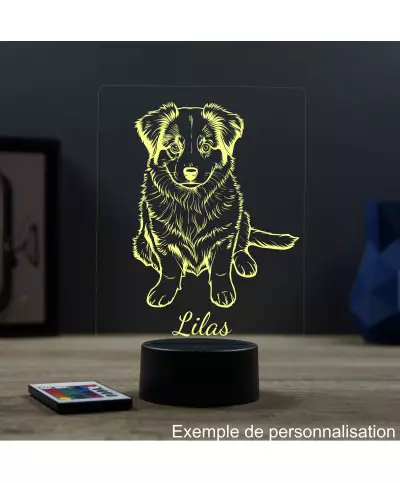 Lampe illusion 3D en verre acrylique gravée au laser représentant un Chien Berger Australien bébé.