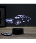 Lampe illusion 3D en verre acrylique gravée au laser représentant une voiture Dodge Charger 1970.