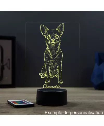 Lampe illusion 3D en verre acrylique gravée au laser représentant un Chien Chihuahua.