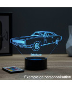 Lampe illusion 3D en verre acrylique gravée au laser représentant une voiture Dodge Charger 1970.