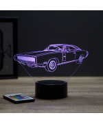 Lampe illusion 3D en verre acrylique gravée au laser représentant une voiture Dodge Charger 1970.